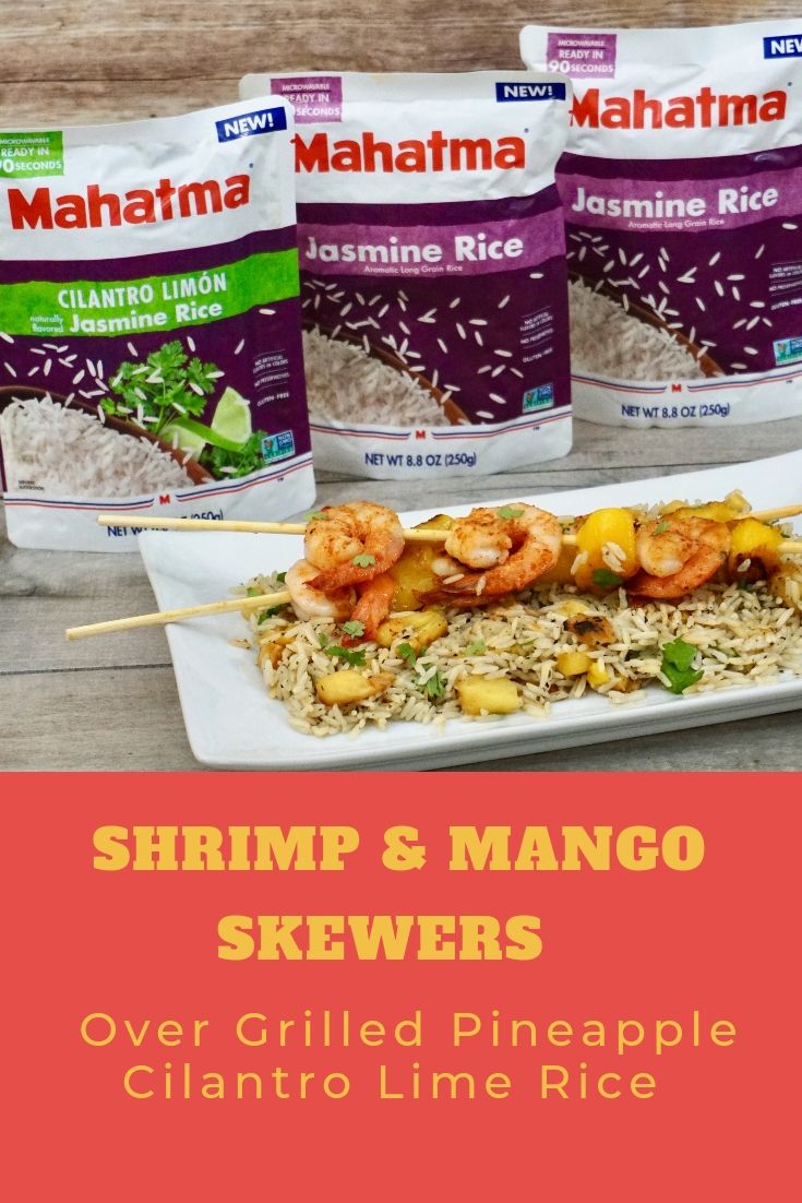 Shrimp and Mango Skewers Over Grilled Pineapple Cilantro Lime Rice
