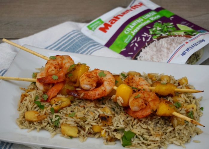 Shrimp and Mango Skewers Over Grilled Pineapple Cilantro Lime Rice