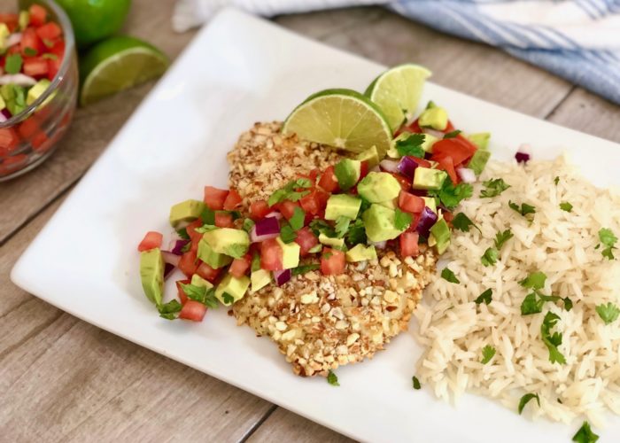 Almond crusted tilapia with avocado salsa