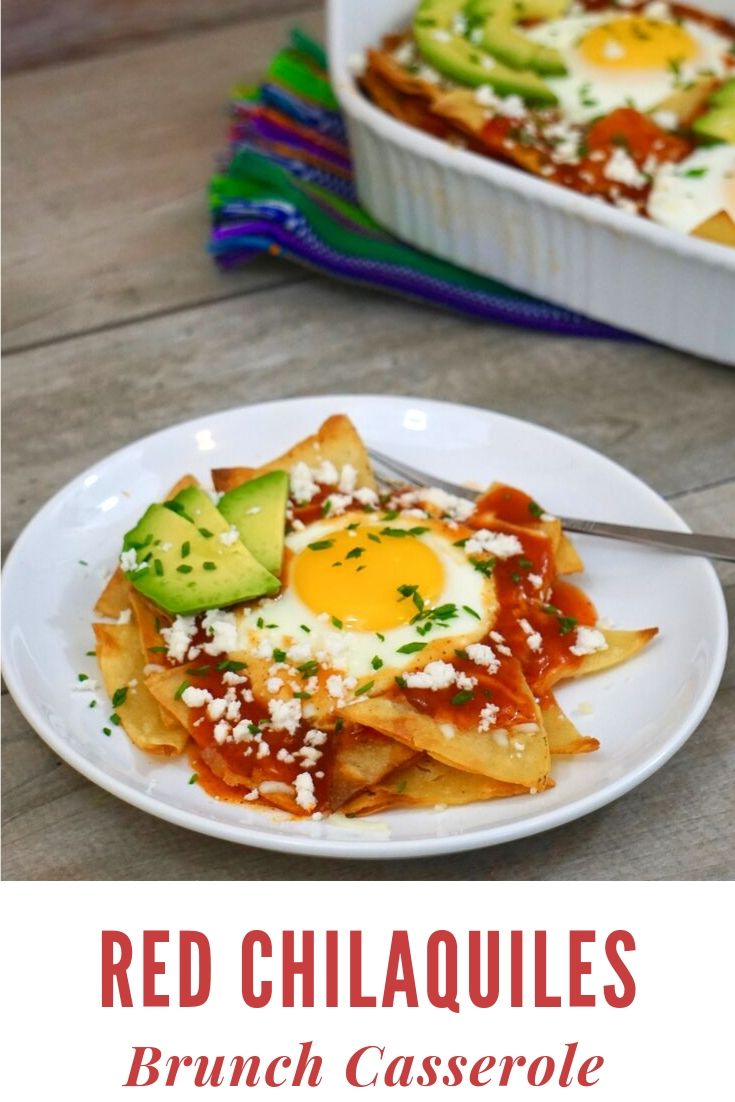 This red chilaquiles casserole is the perfect brunch or breakfast casserole. Made with home made crispy corn tortilla chips, enchilada sauce, fried eggs and lots of gooey cheese this twist on the traditional Mexican dish is delicious and easy to make.