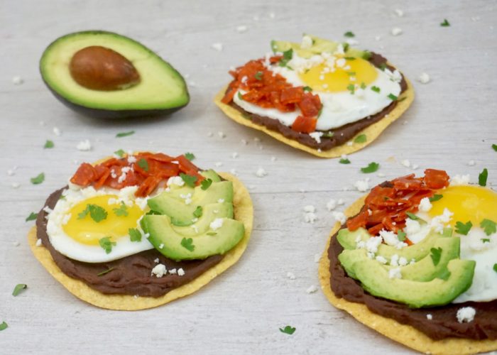 Black Bean Tostadas with Egg, Avocado, and Pepperoni