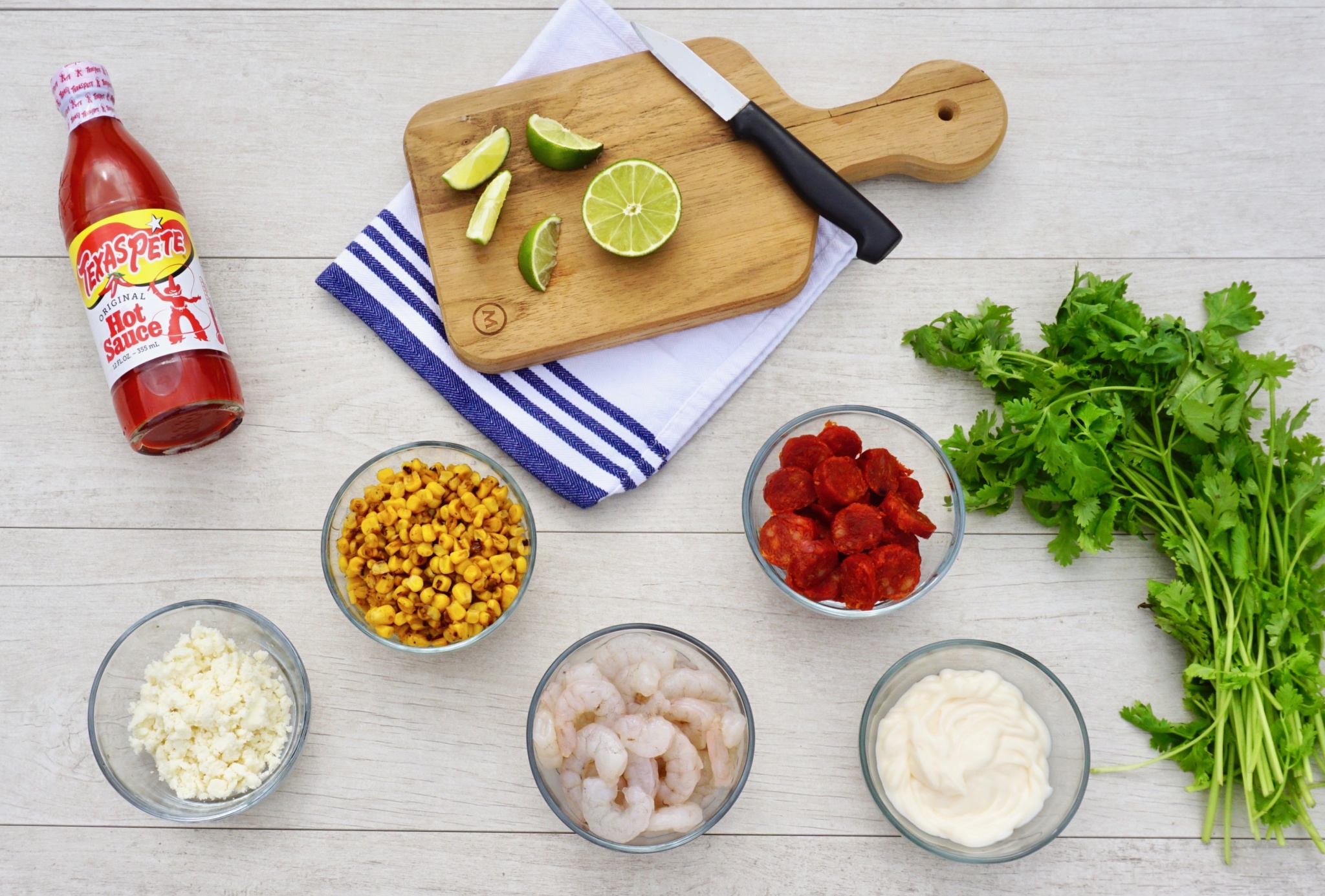 Ingredients for Charred Mexican Corn Salad with Shrimp and Chorizo