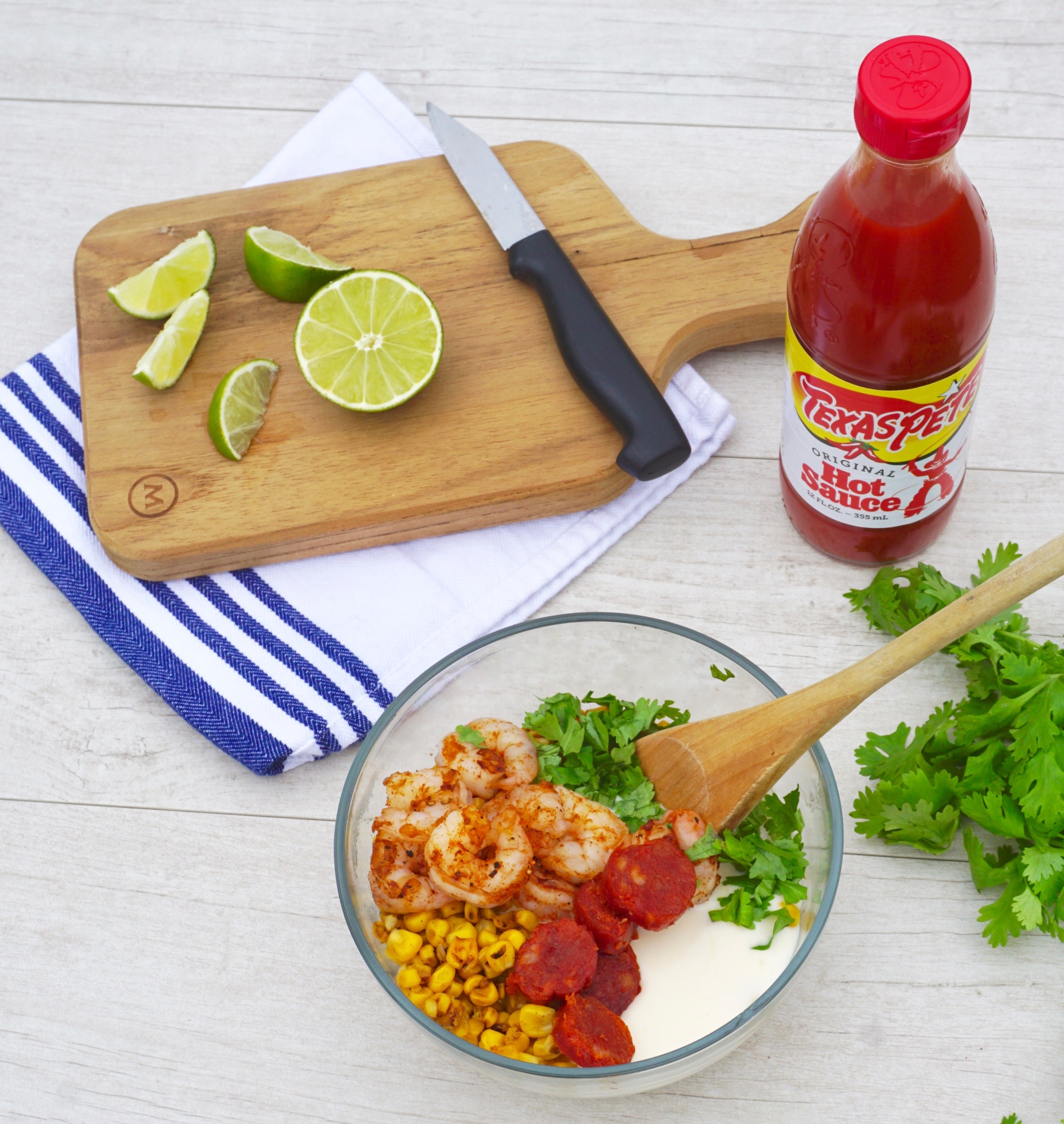 Charred Mexican Corn Salad with Shrimp and Chorizo recipe with Texas Pete hot sauce
