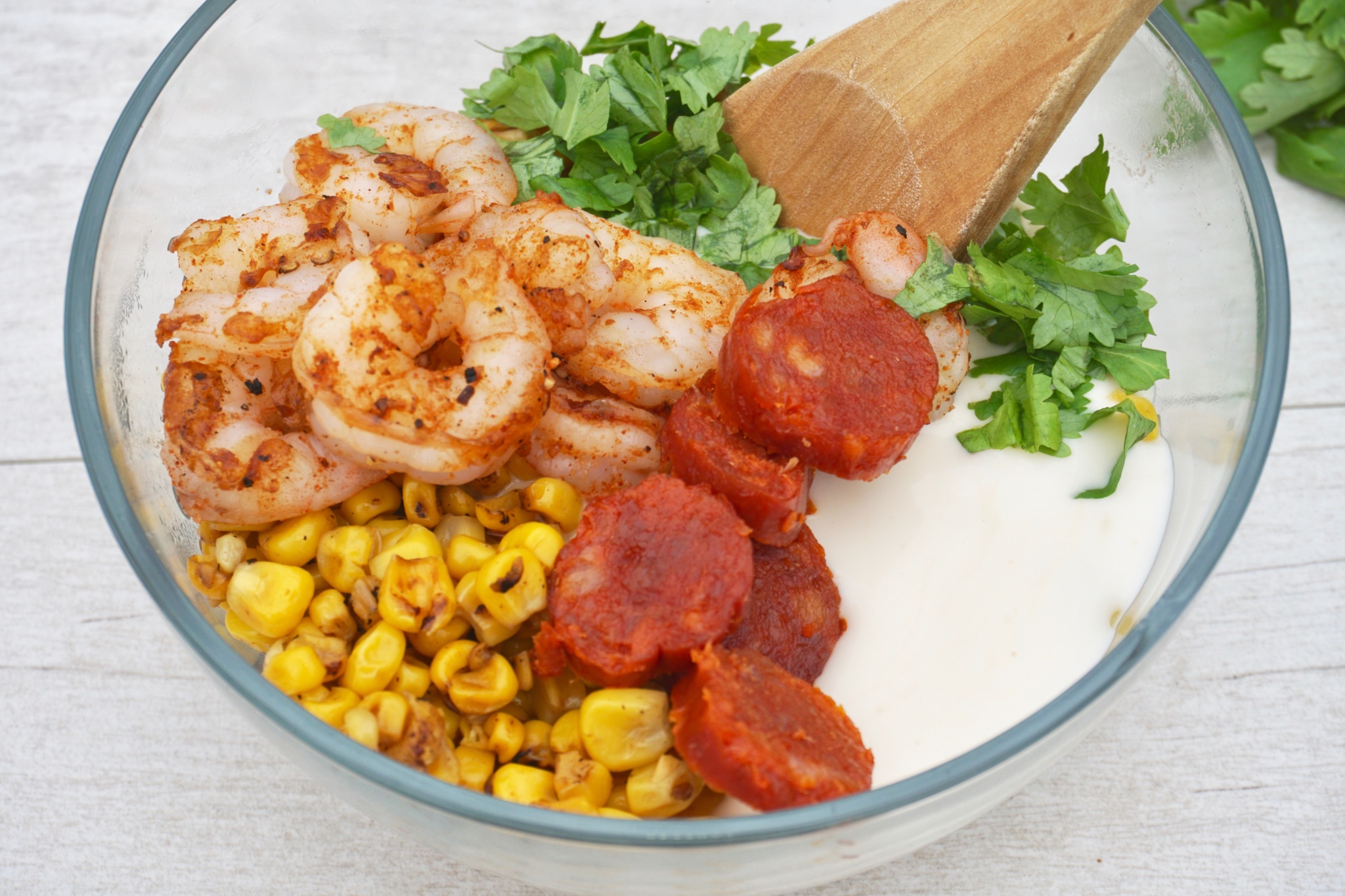 Charred Mexican Corn Salad with Shrimp and Chorizo recipe with Texas Pete hot sauce