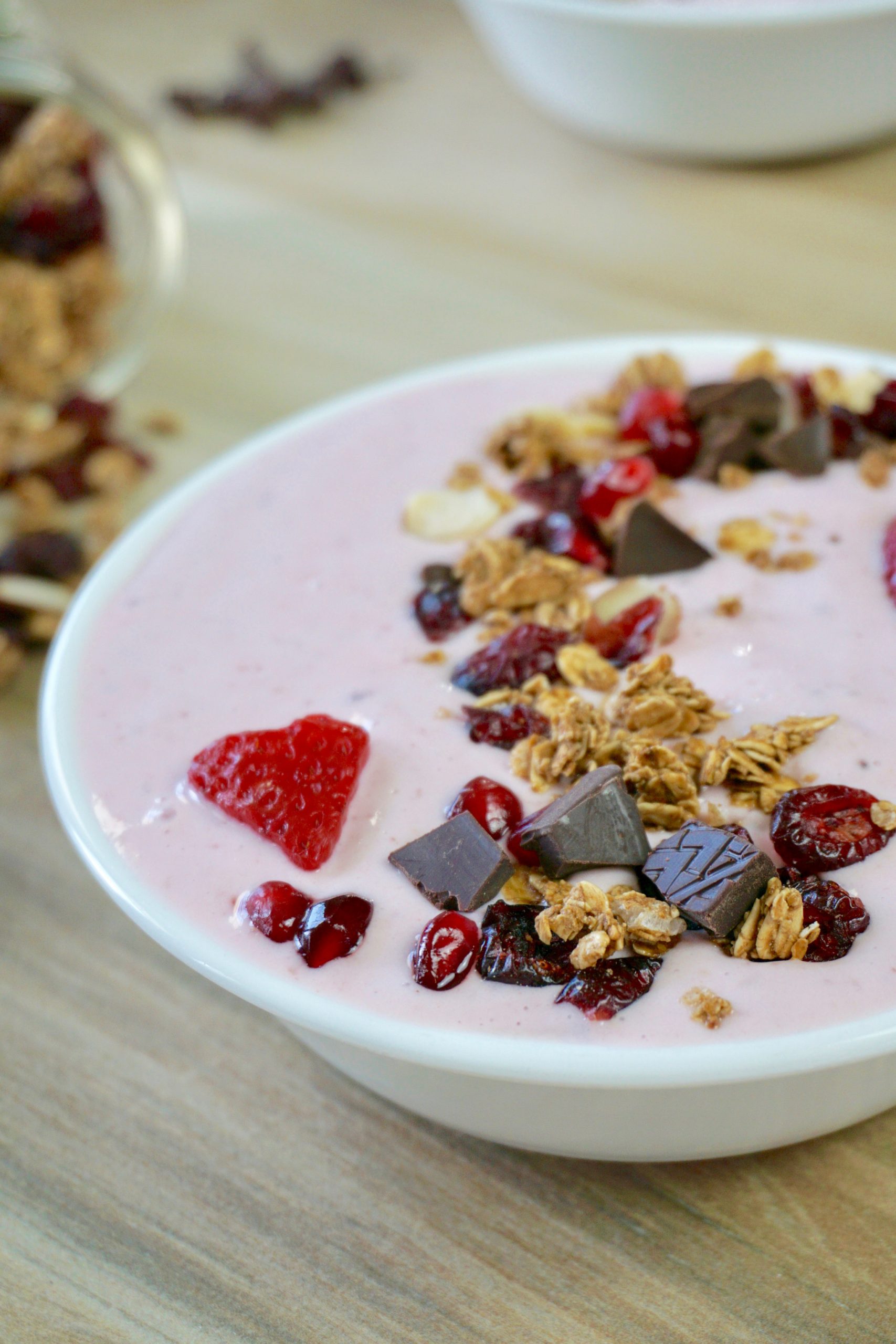 Red berries and chocolate protein smoothie bowl Valentine's recipe