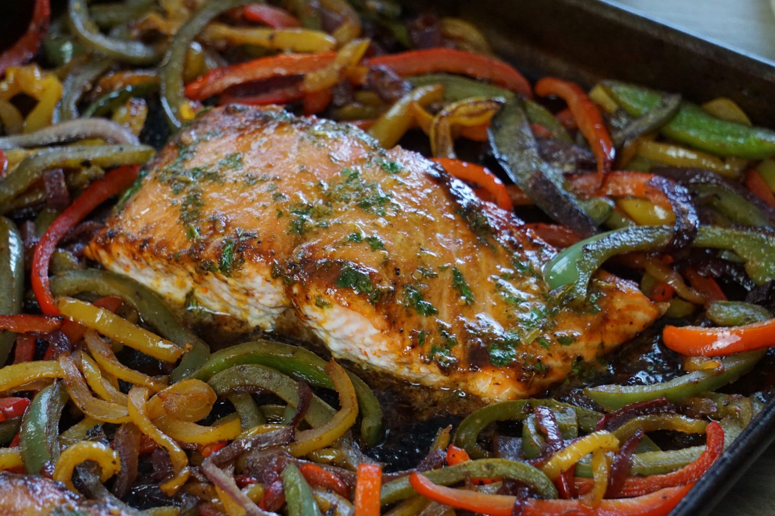 Cilantro Lime Butter Salmon Sheet Pan Fajitas