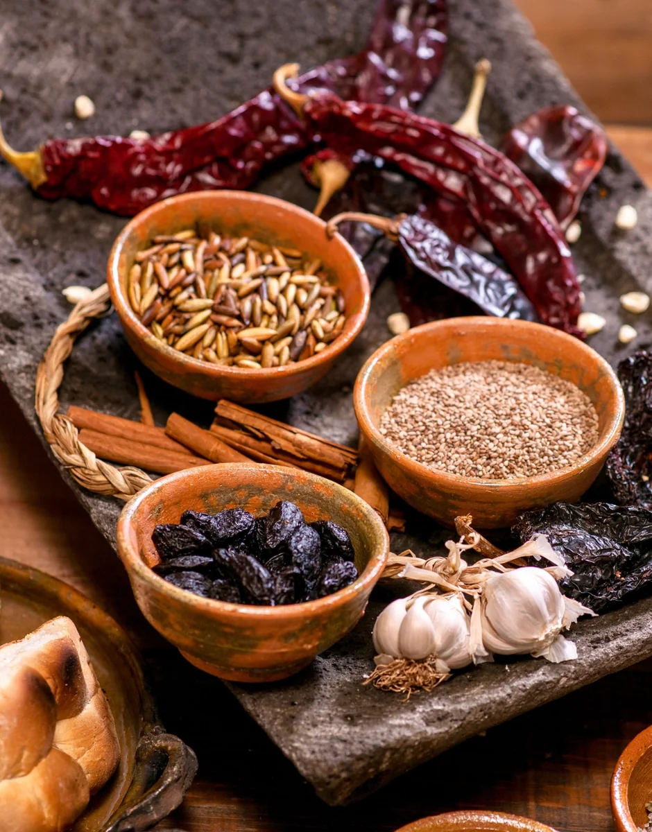 Ingredientes del pepián: pepitoria, ajonjolí, chile guaque y pasa, canela