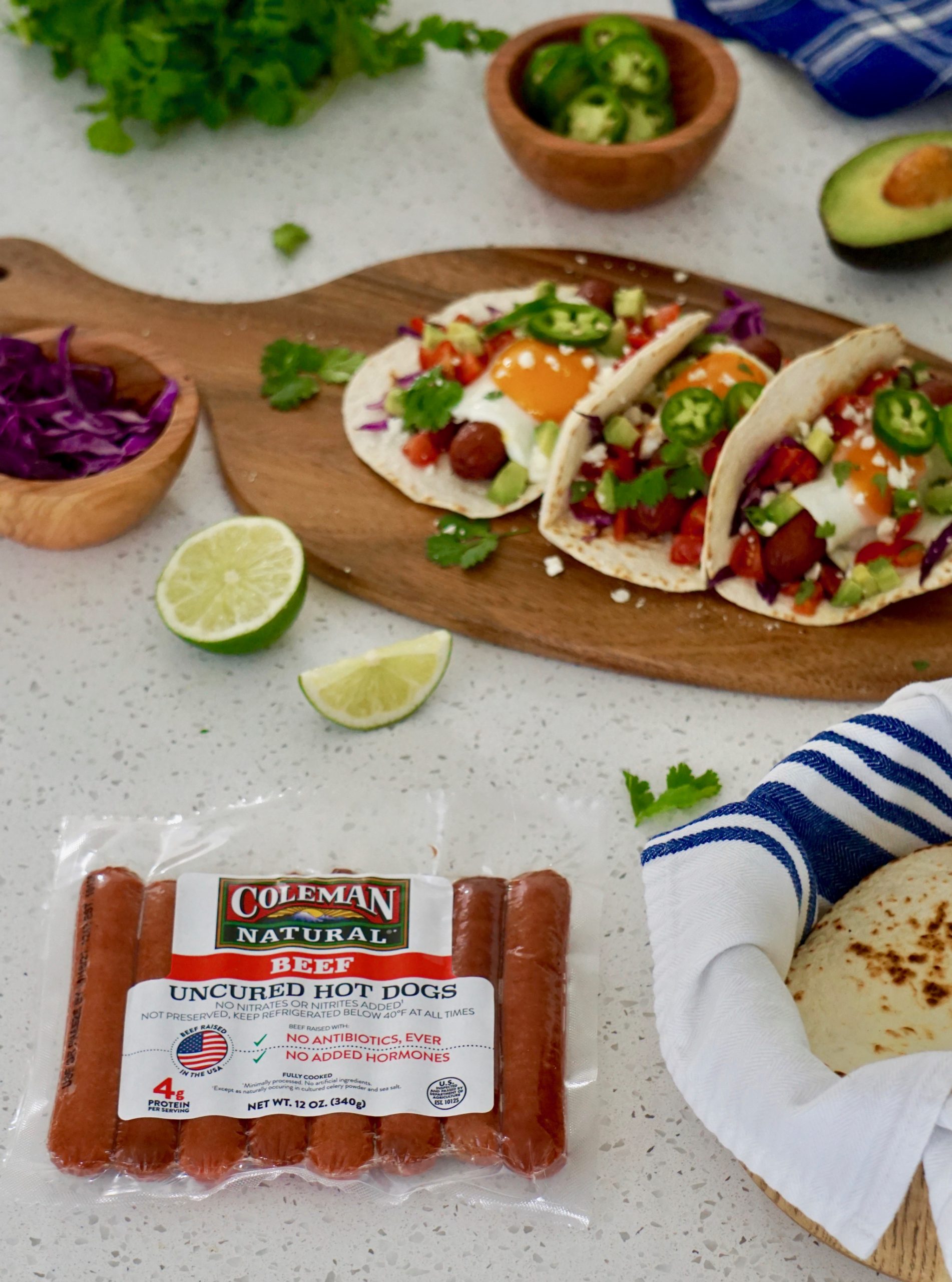 hot dog breakfast tacos with Coleman Natural hot dogs