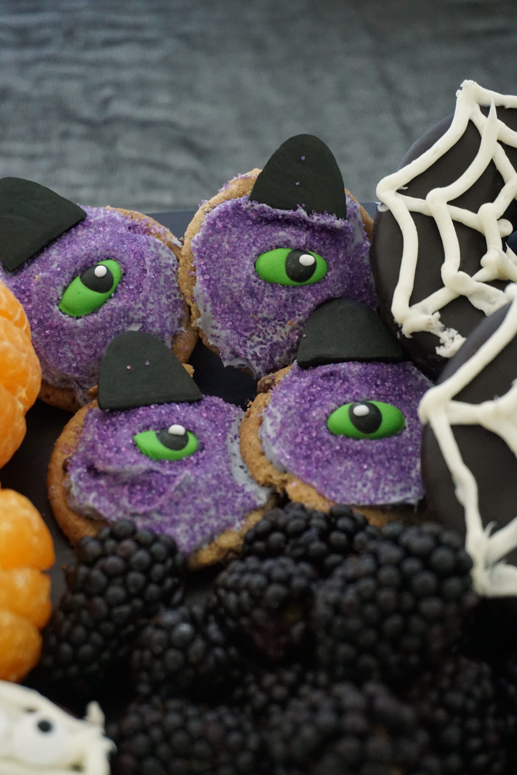 Halloween cookies, one-eyed one-horned purple people eater cookies