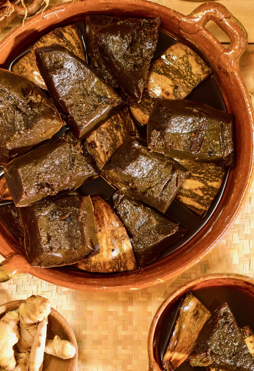 Overhead view of ayote en miel, squash simmered in spiced syrup