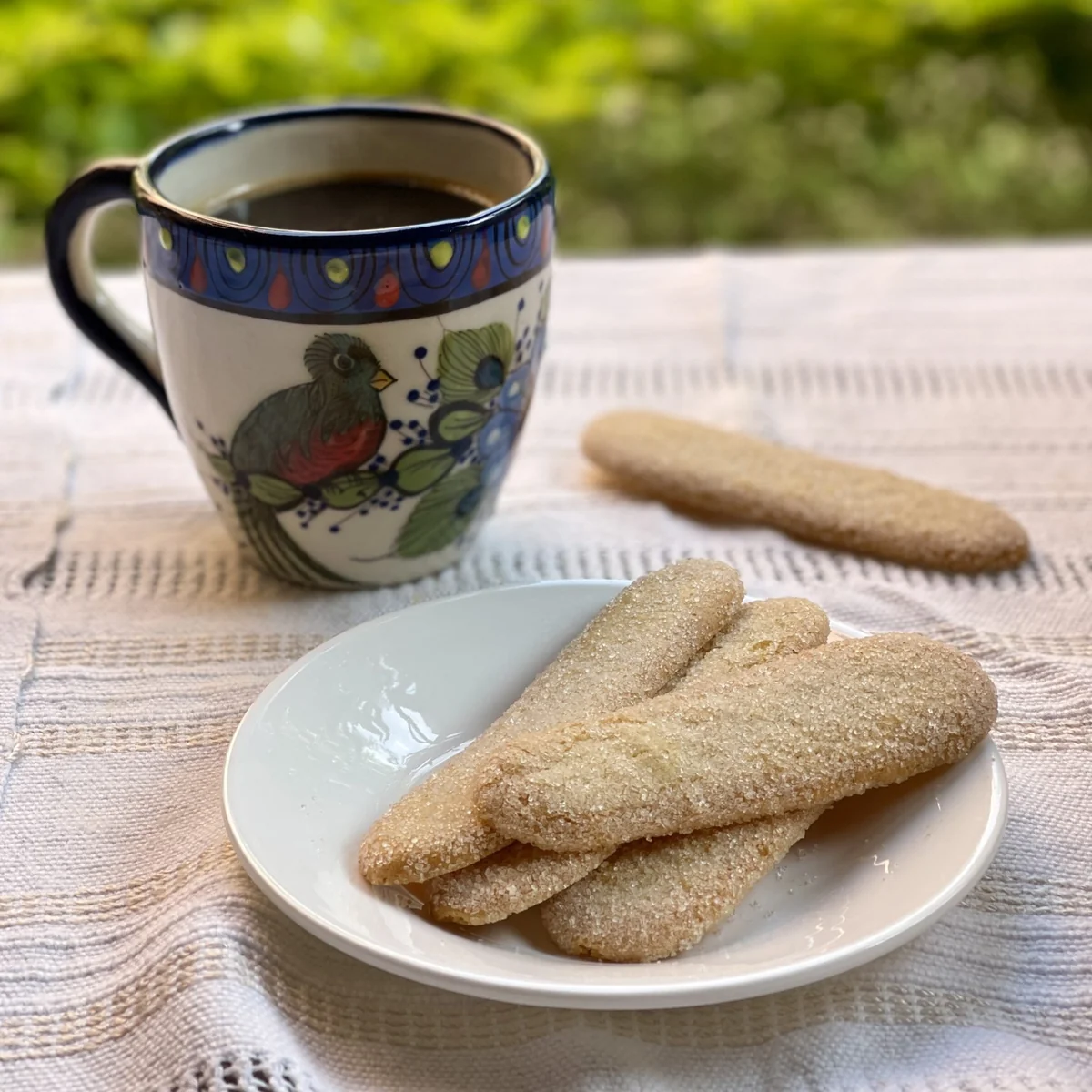 Chiquiadores, sugar-crusted cookies served with black coffee in a hand-painted quetzal mug