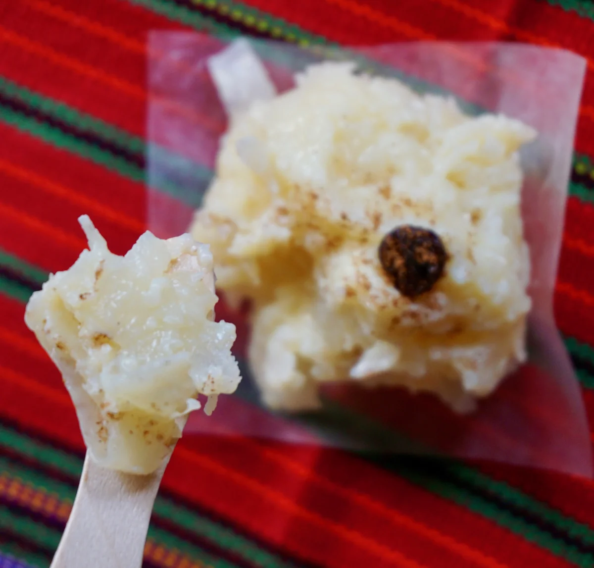 Cocadas reales guatemaltecas, dulce de coco rallado espolvoreado con canela y paleta de madera