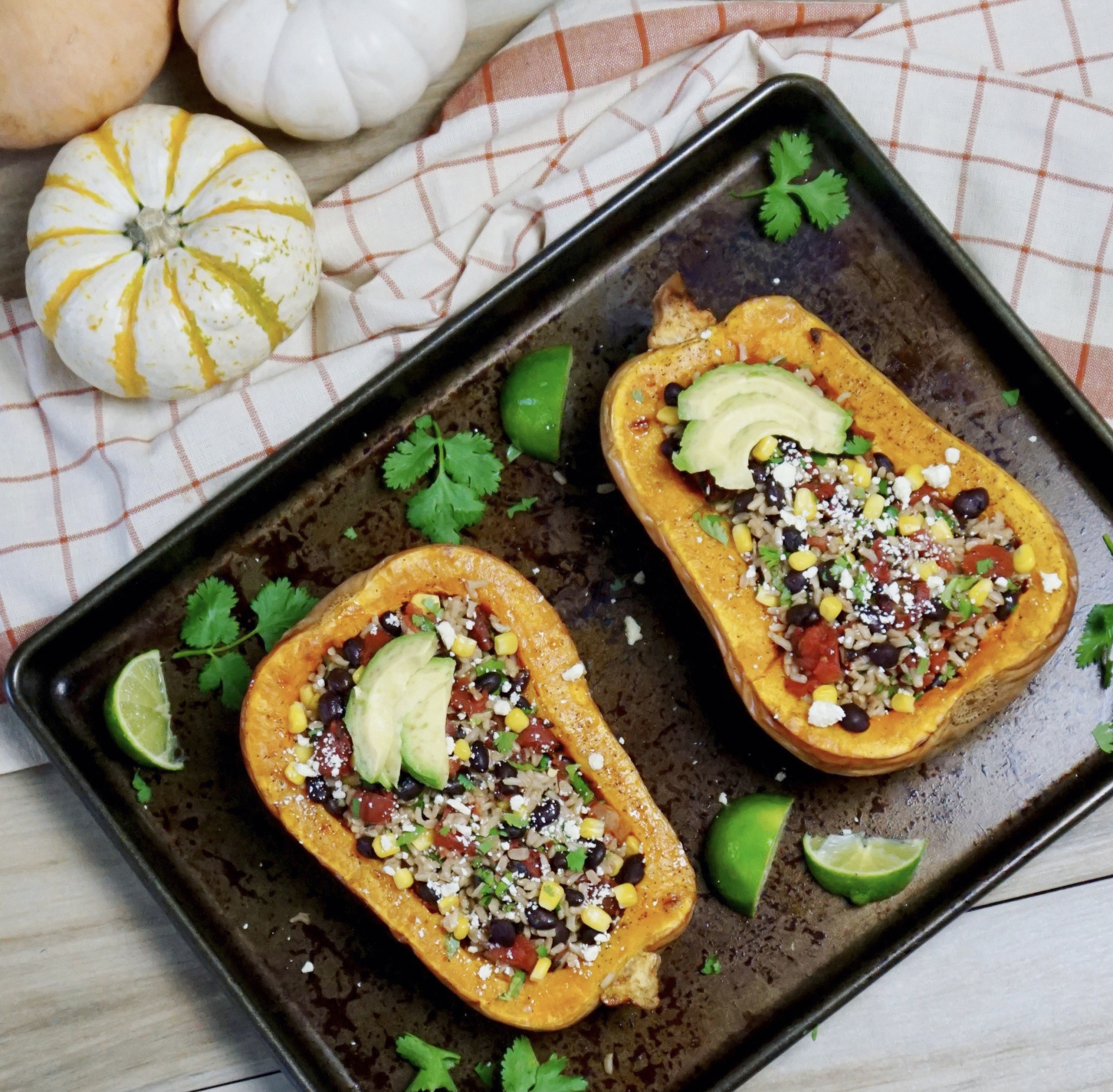 Best Vegetarian Thanksgiving recipe for Stuffed Butternut Squash with Mexican Rice