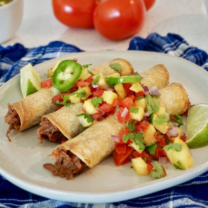 Pulled pork taquitos with pineapple salsa