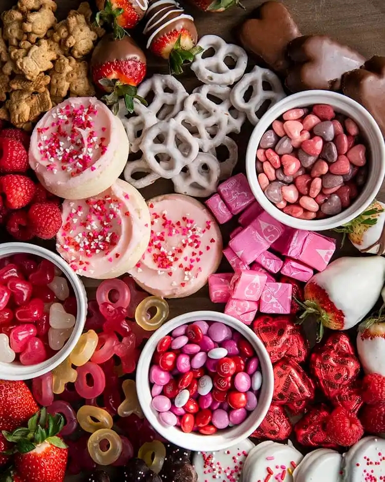 Valentine's Dessert Board with cookies and candy