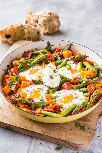 Asparagus Sweet Potato and Tomato Shakshouka