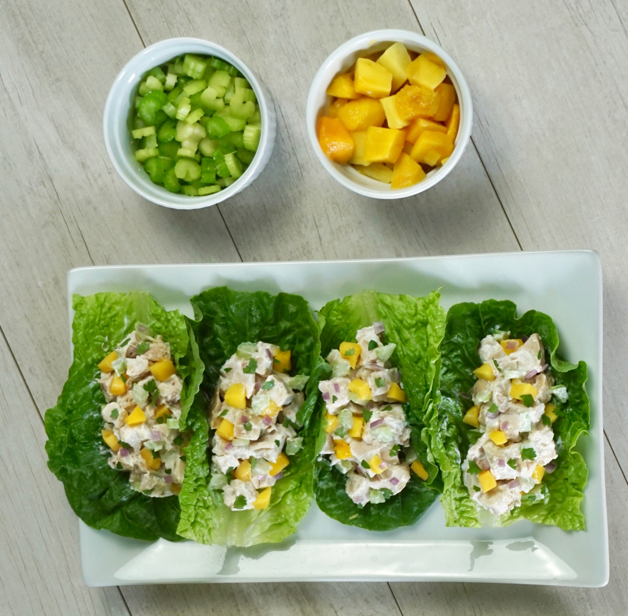 healthy chicken salad lettuce wraps with mango