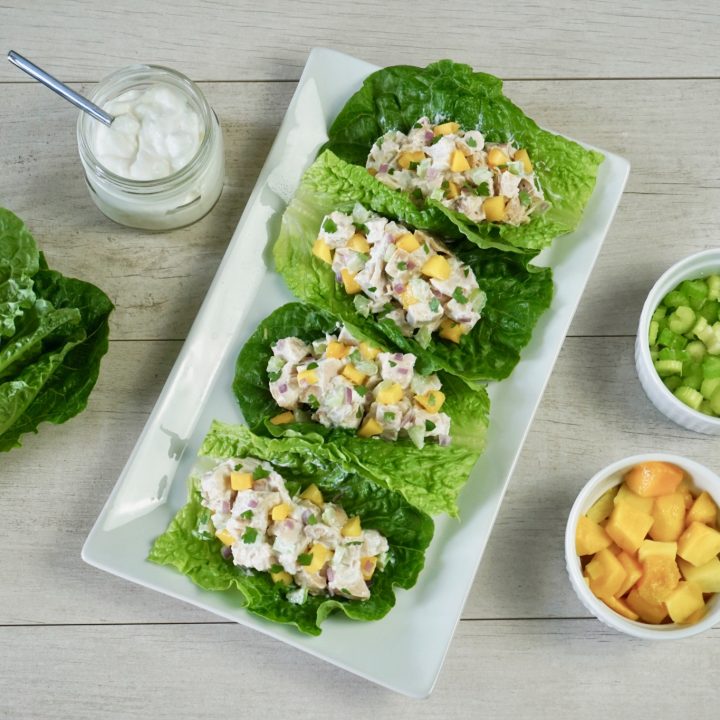 low-carb chicken salad lettuce wraps with mango