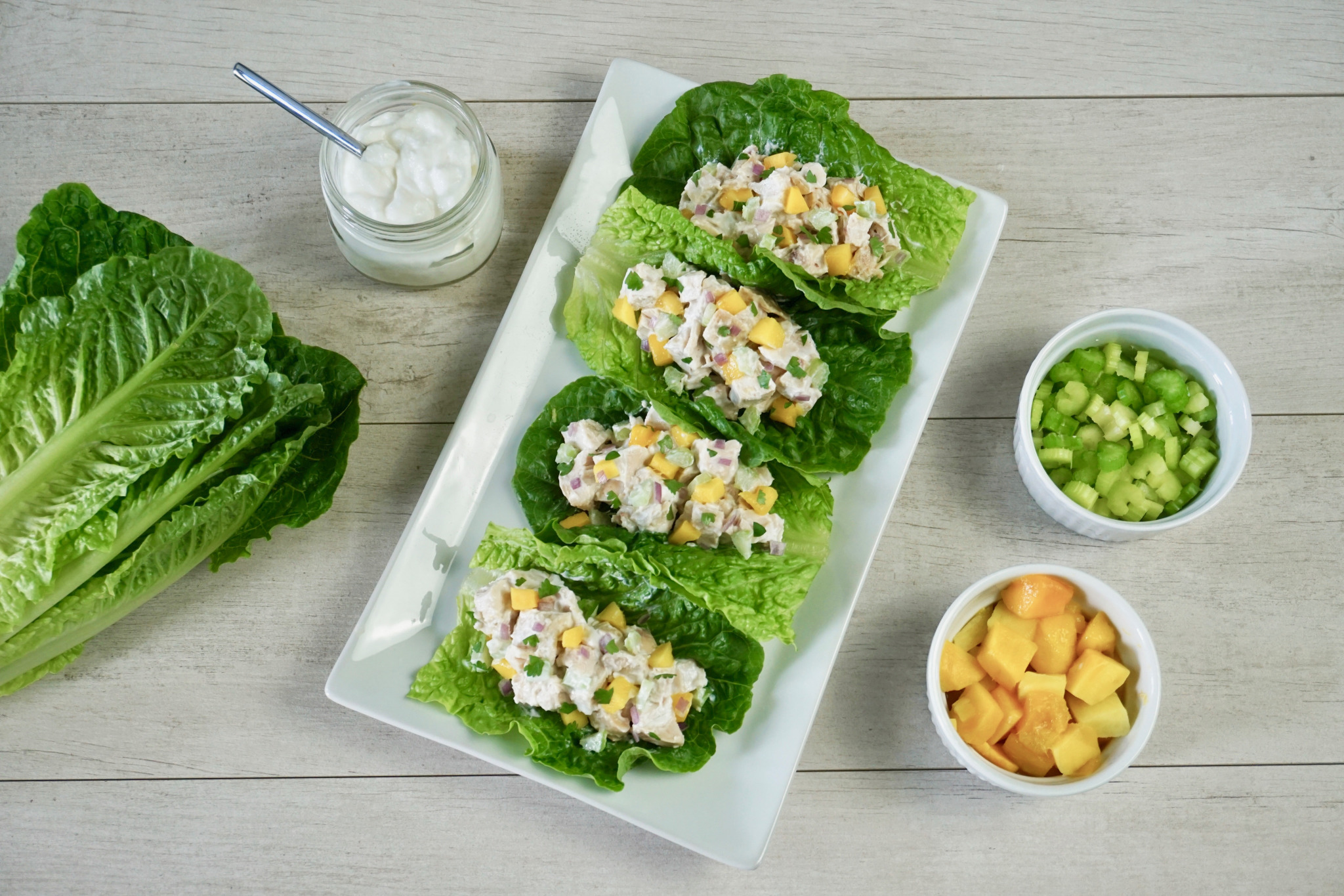 low-carb chicken salad lettuce wraps with mango