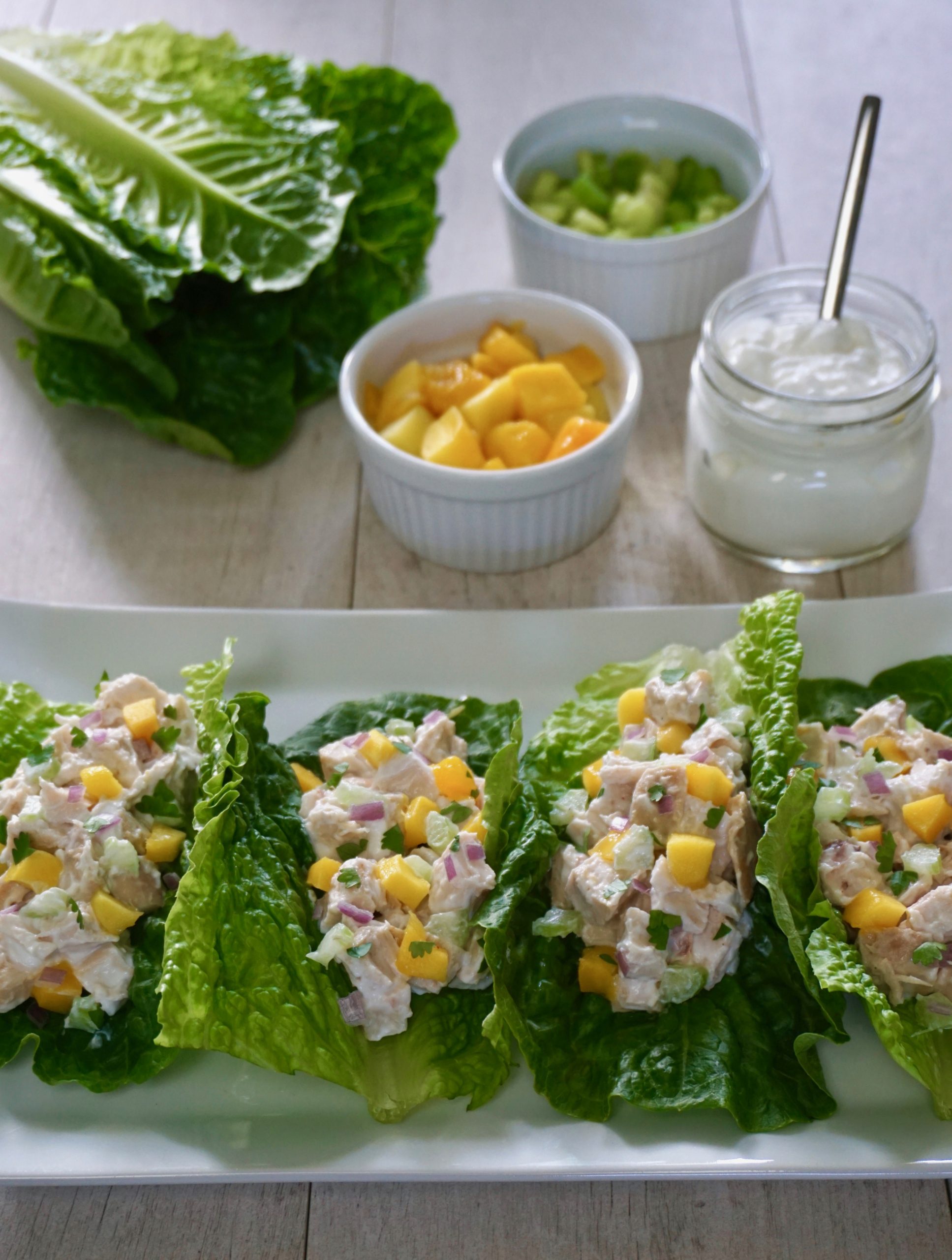 healthy low carb Greek yogurt chicken salad lettuce wraps with mango