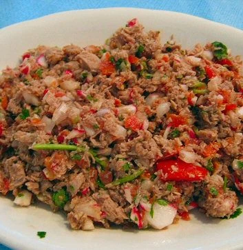 Salpicón de carne guatemalteco en plato blanco con rábano, tomate y cebolla