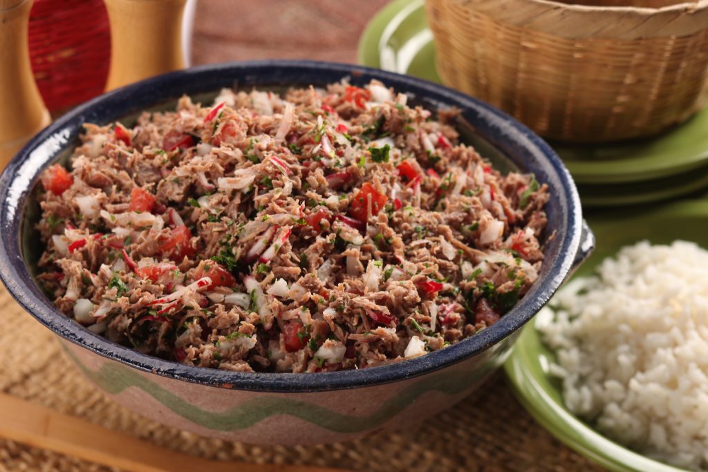 Guatemalan salpicón de res, cold shredded beef salad with mint, radishes, and lime on a serving plate
