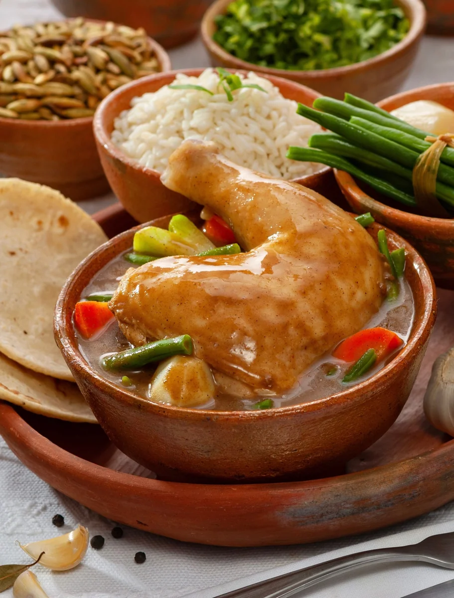 Un plato de pepián de pollo guatemalteco servido sobre arroz blanco