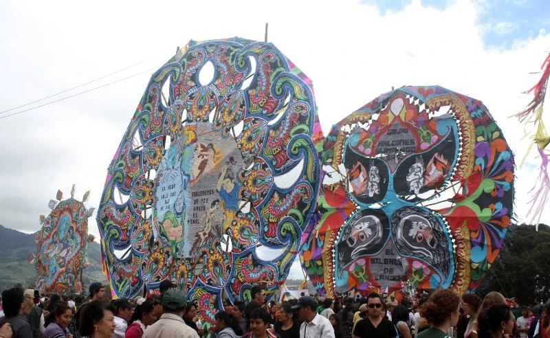 A giant kite being burned at the end of the Guatemalan kite festival