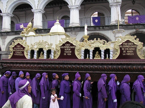 Semana Santa traditions in Guatemala, a procession over a sawdust carpet