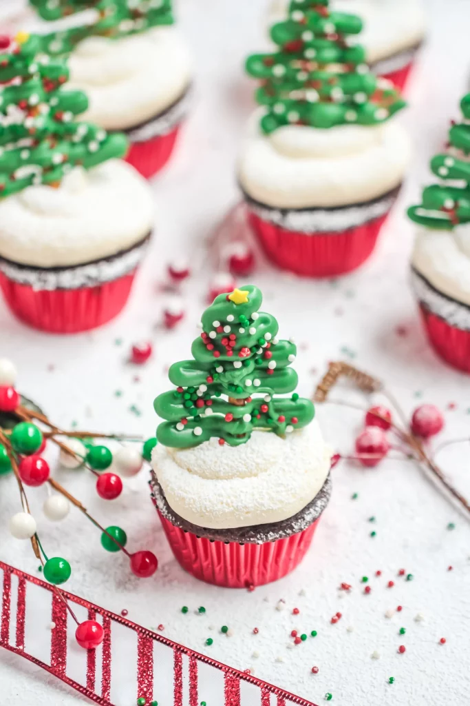 Christmas tree cupcakes with pretzel sticks