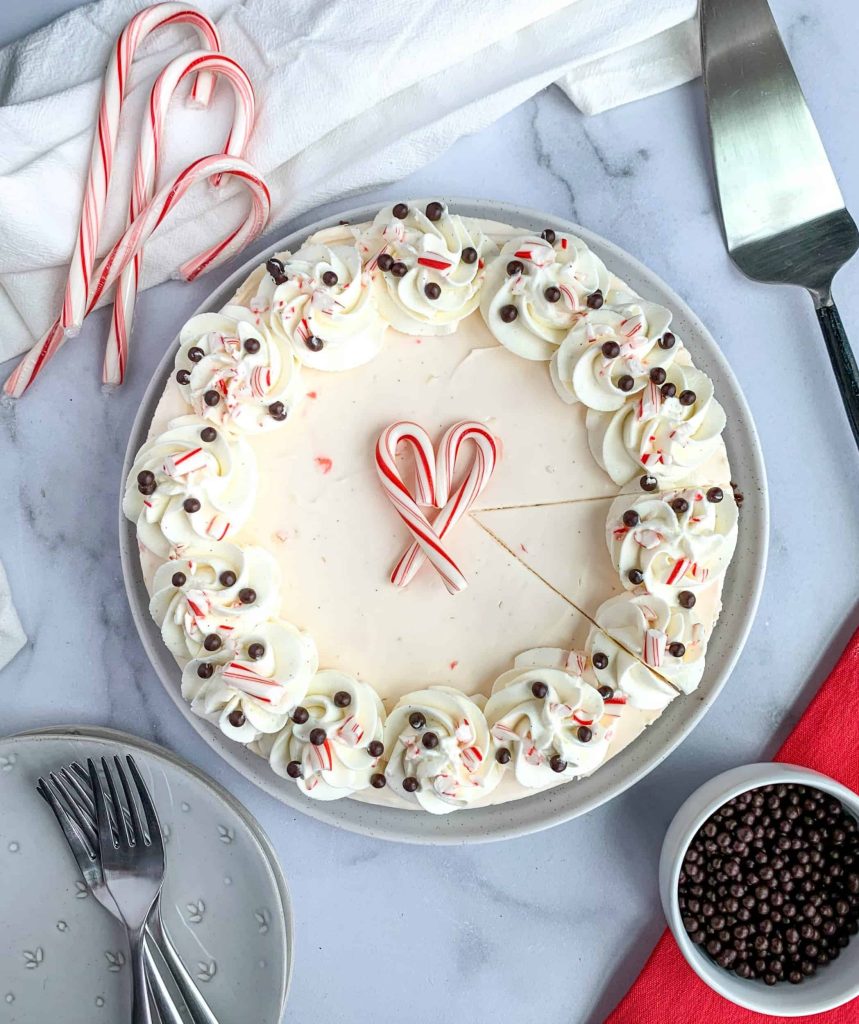 Peppermint Brownie Cheesecake recipe made with candy canes