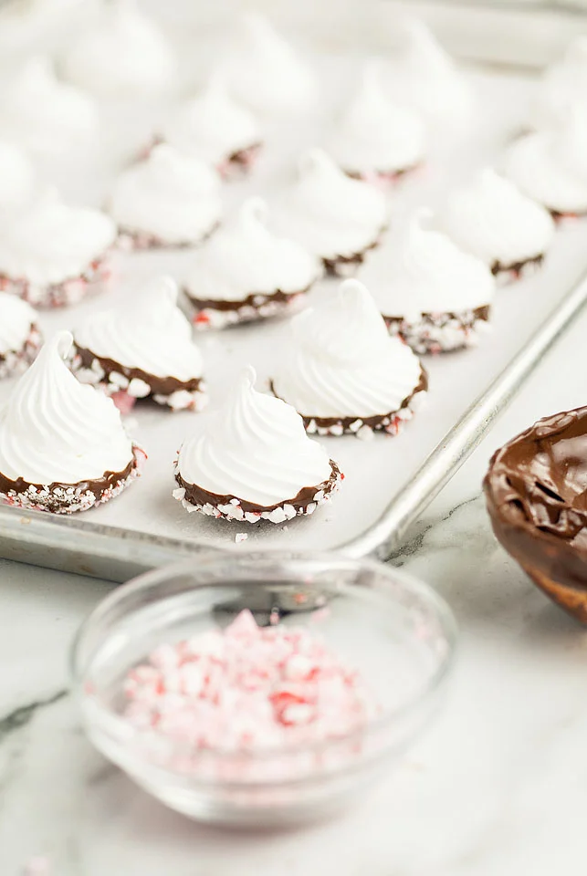 Chocolate dipped Peppermint Meringue Kiss Christmas Cookies