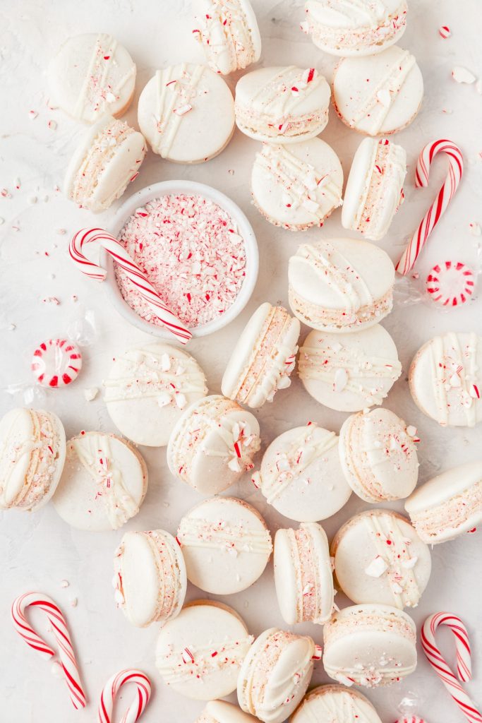 Peppermint macarons cookies made with candy canes
