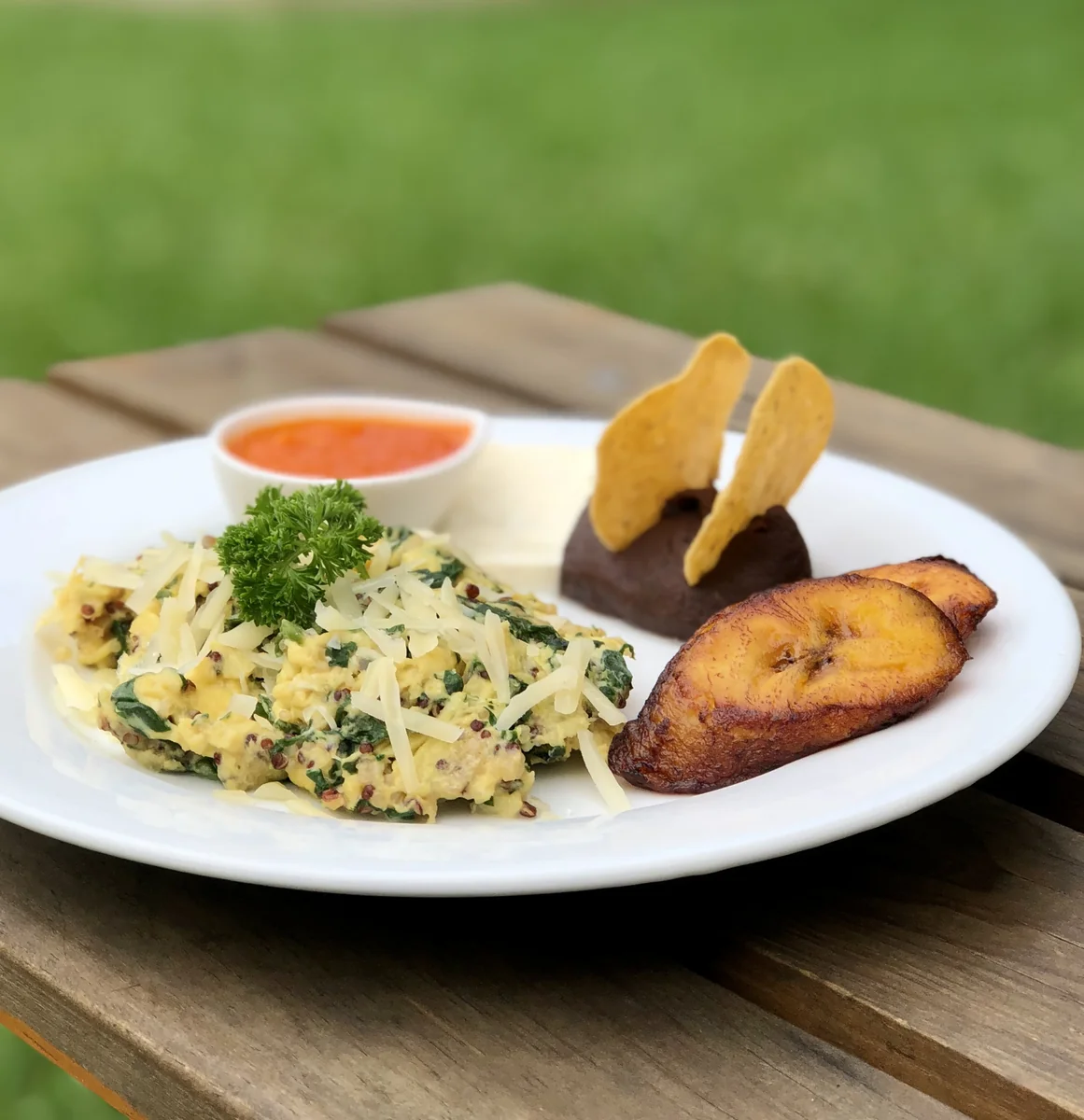 Guatemalan breakfast of huevos rancheros with platanitos fritos and refried black beans