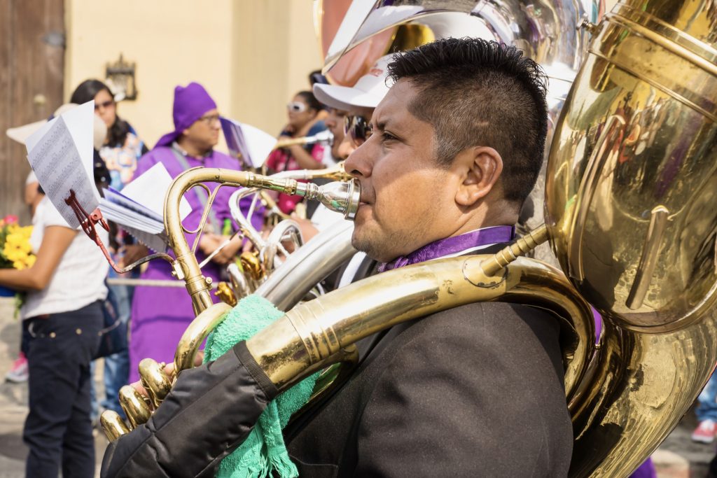 Marching band at procession for Easter in Antigua Guatemala. 