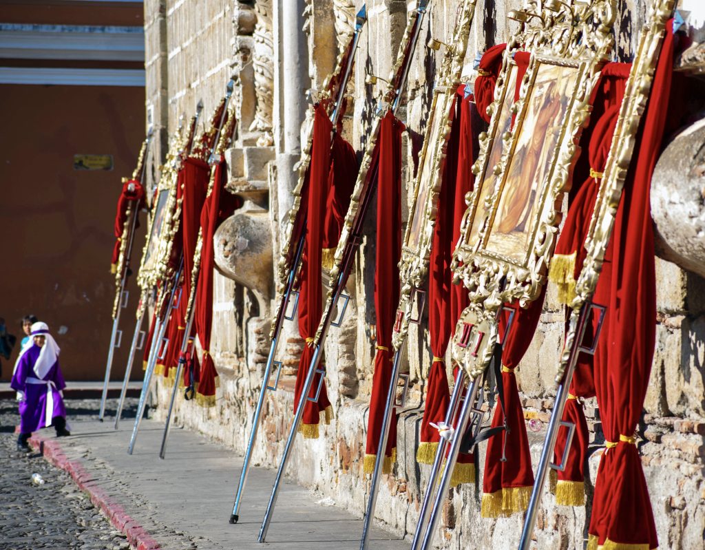Banners waiting for the procession to start in Antigua Guatemala