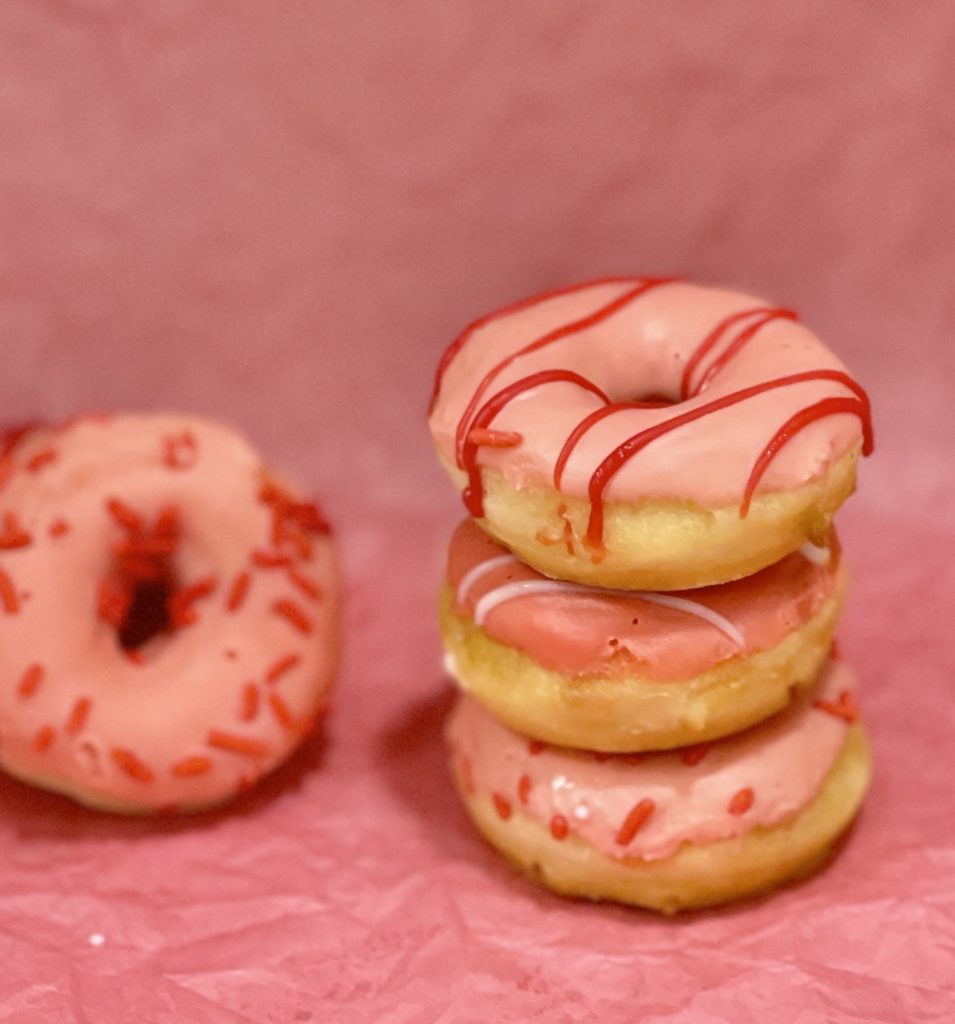 Mini strawberry donuts for mini freak shake in a shot glass