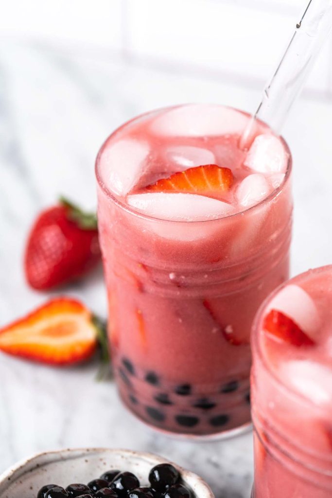 strawberry boba tea and other drinks for Barbie brunch