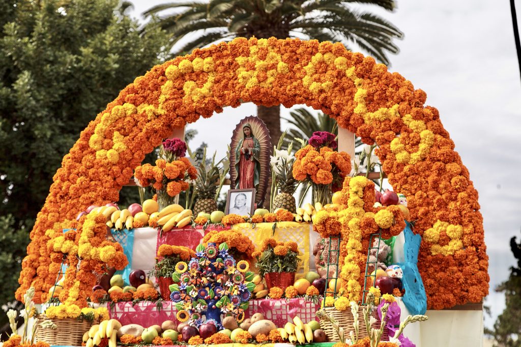 Marigold arches and garlands for Day of the Dead or Dia de los Muertos