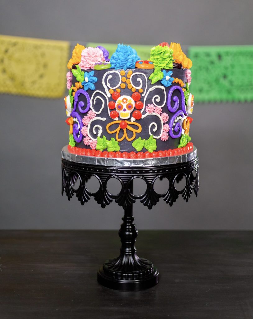 Easy Day of the Dead cake with buttercream frosting