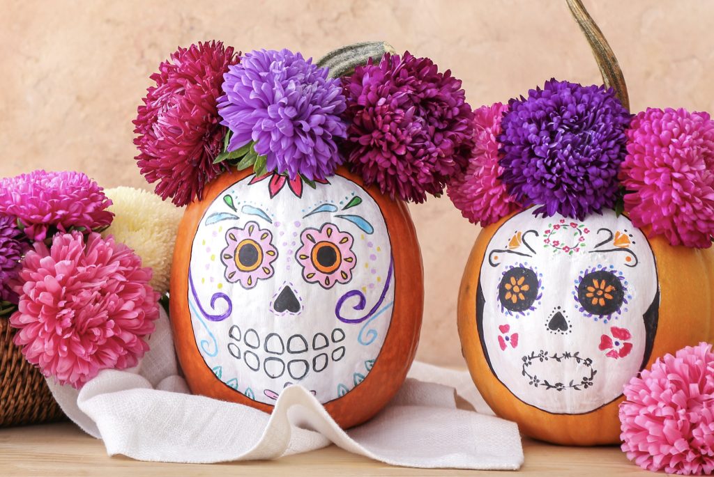 Dia de los Muertos painted pumpkins Day of the Dead craft for kids