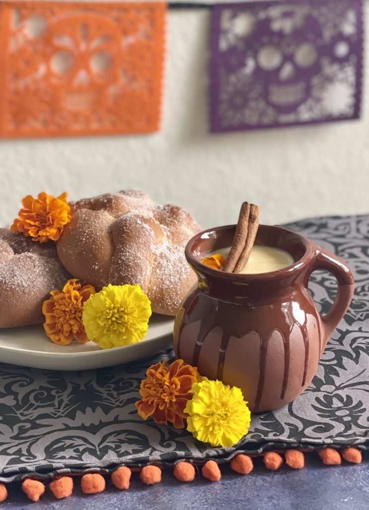 Marigold atole and pan de muerto for Day of the Dead