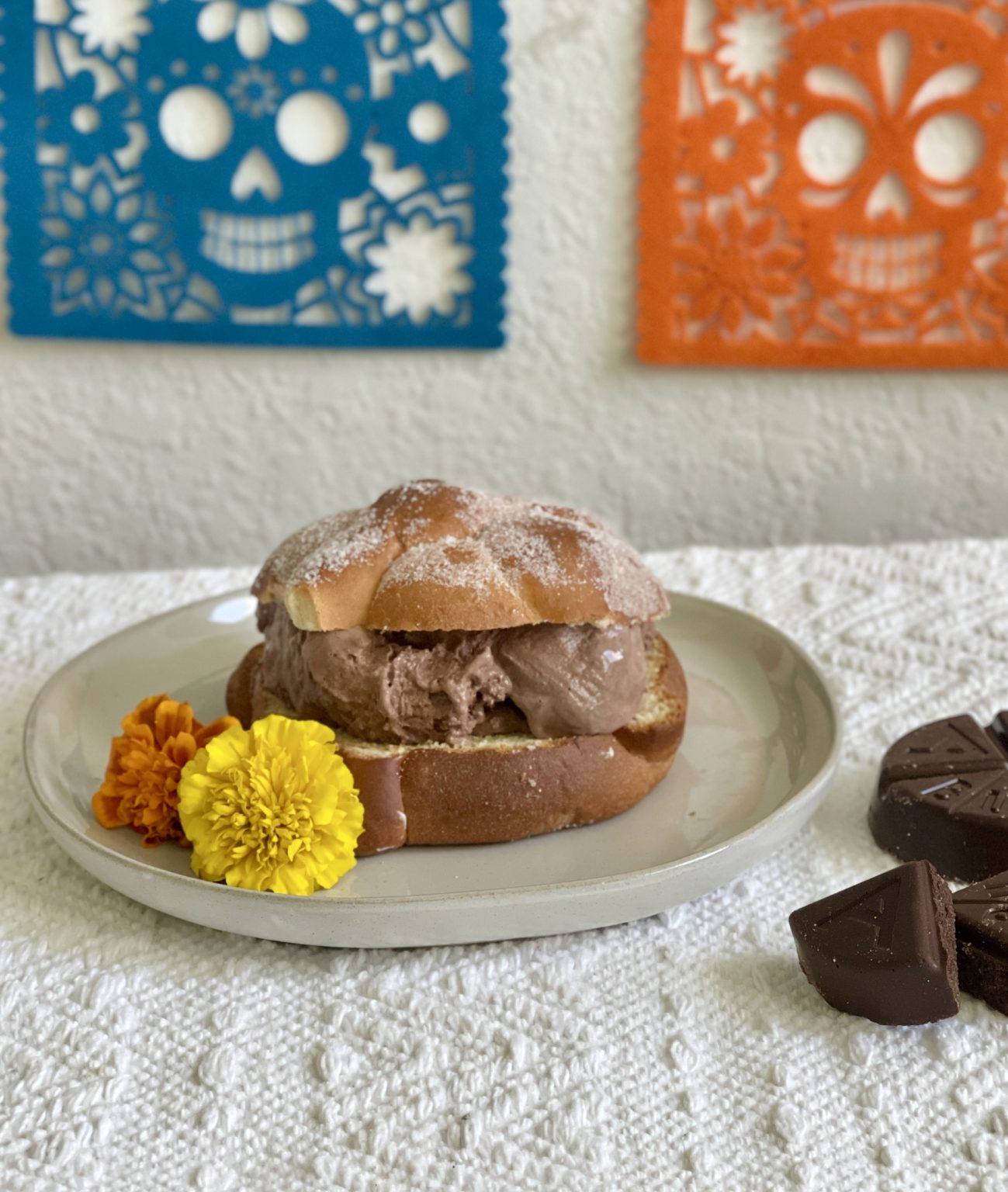 Mexican Hot Chocolate Ice Cream Filled Pan de Muerto