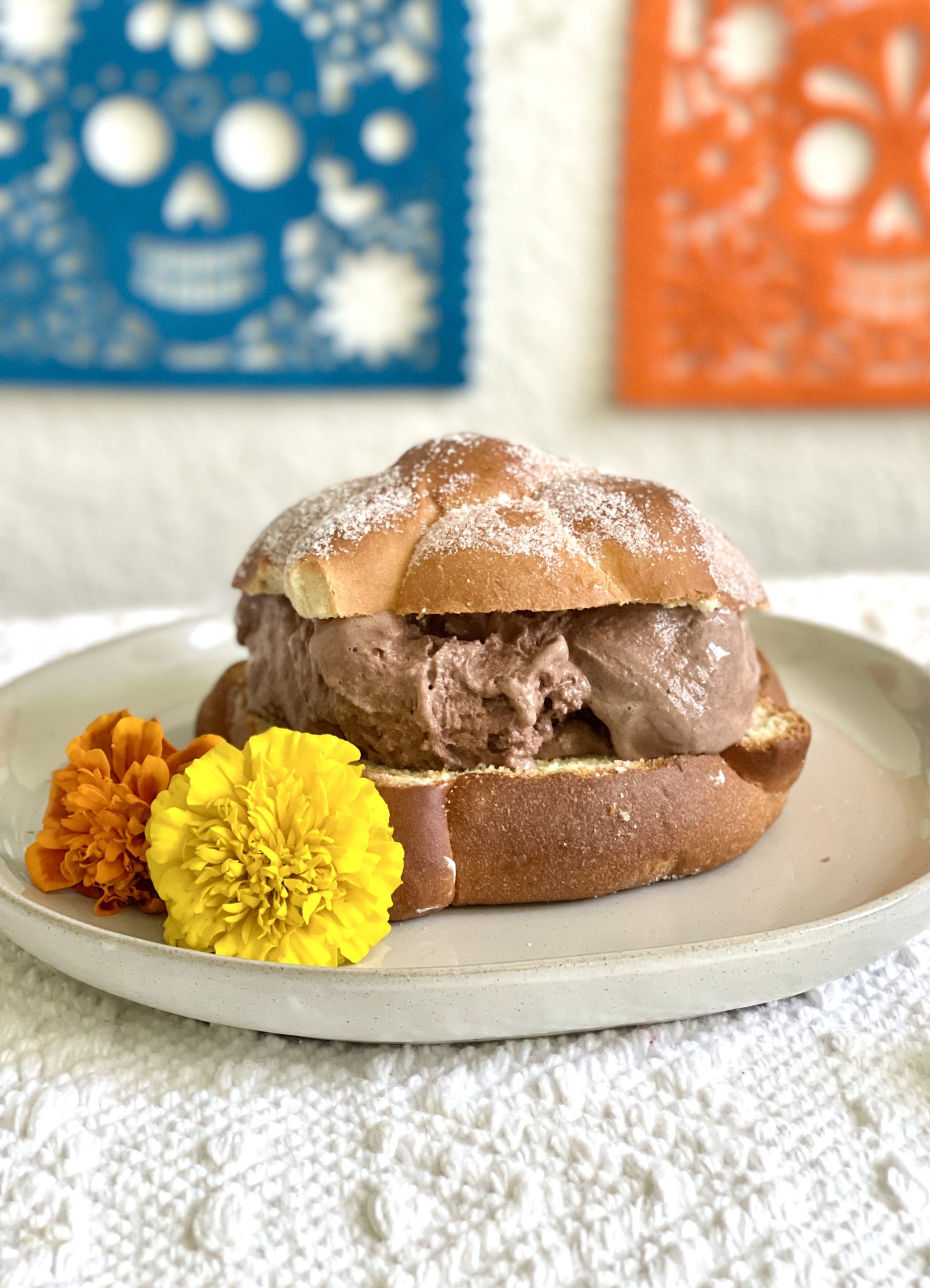 Mexican Hot Chocolate Ice Cream Filled Pan de Muerto