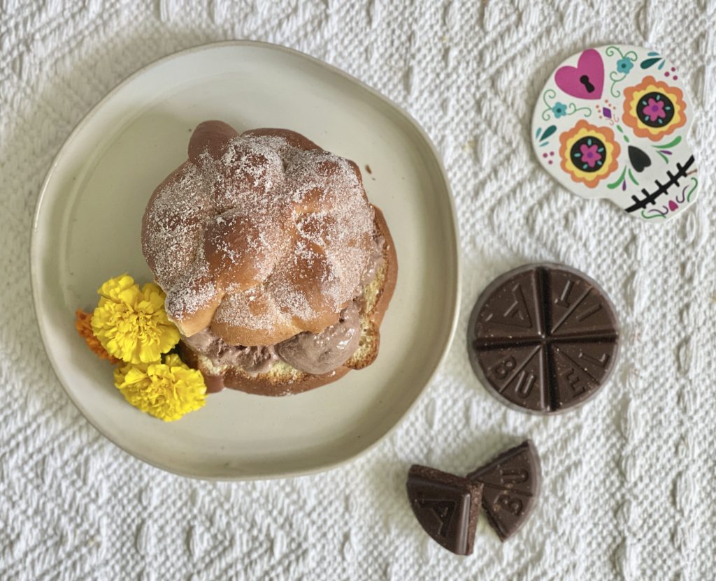 Mexican hot chocolate ice cream filled pan de muerto