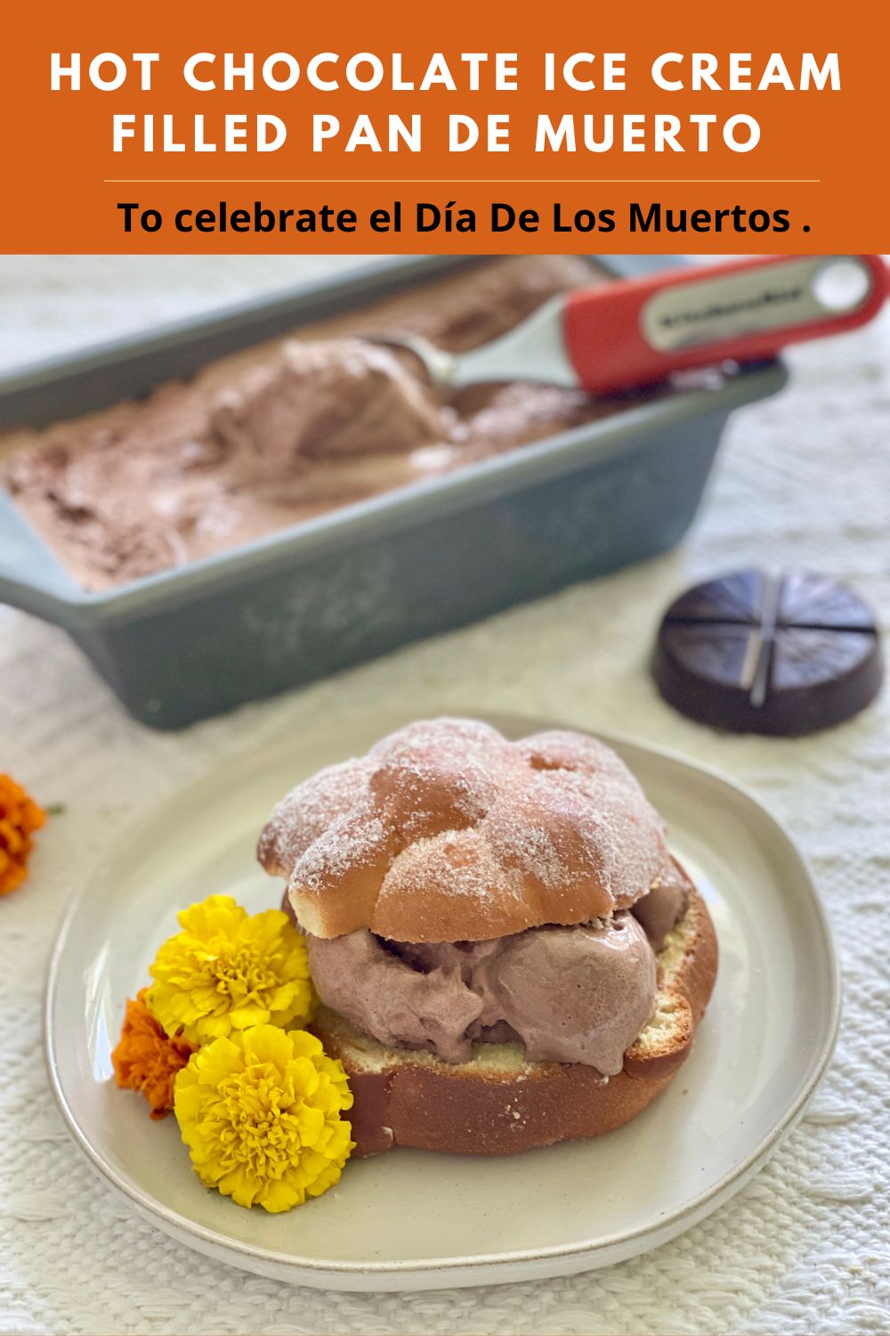 Mexican Hot Chocolate Ice Cream Filled Pan de Muerto