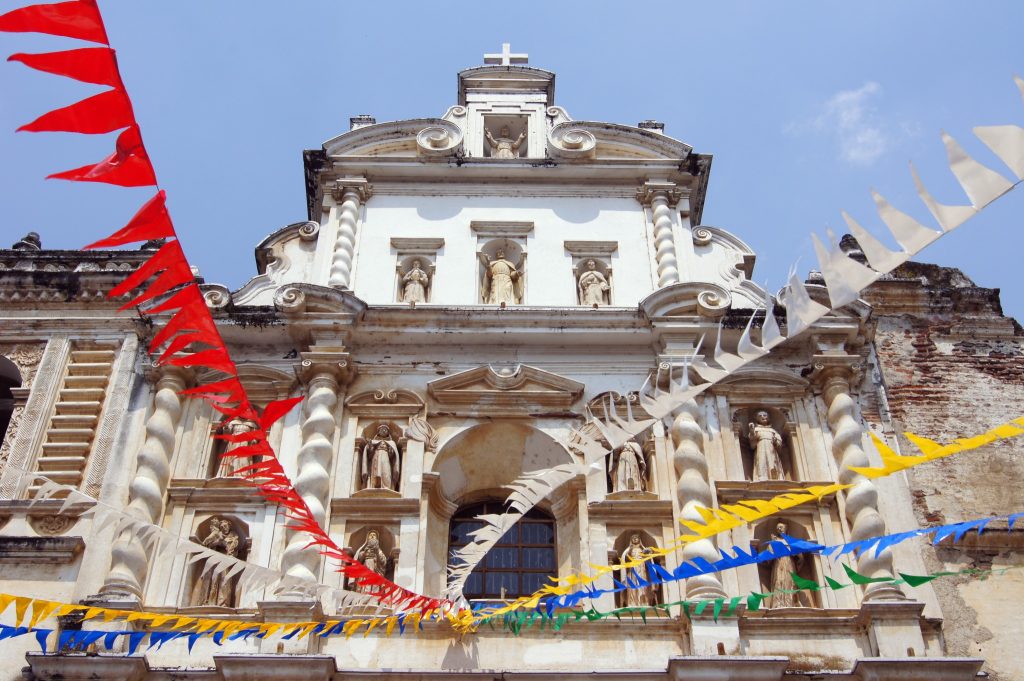 Antigua Guatemala cathedral decorated for la feria patronal.