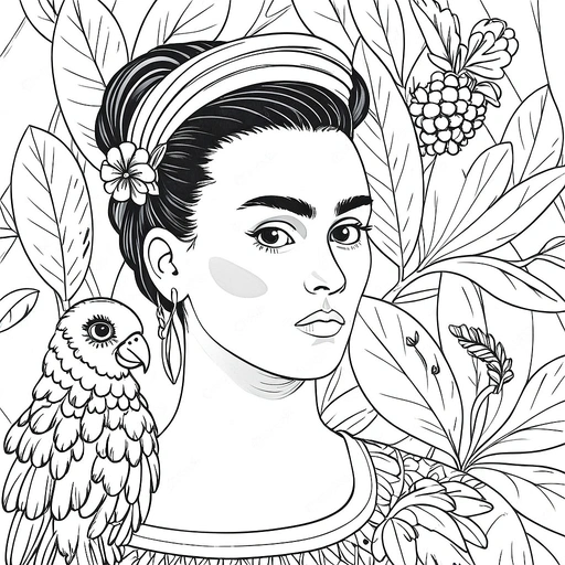 Frida Kahlo with parrot free coloring page