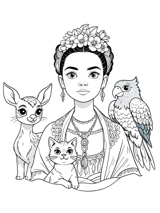 Free Printable Frida Kahlo Coloring - Frida Kahlo With Her Animals Free Coloring Page For Kids 560x747