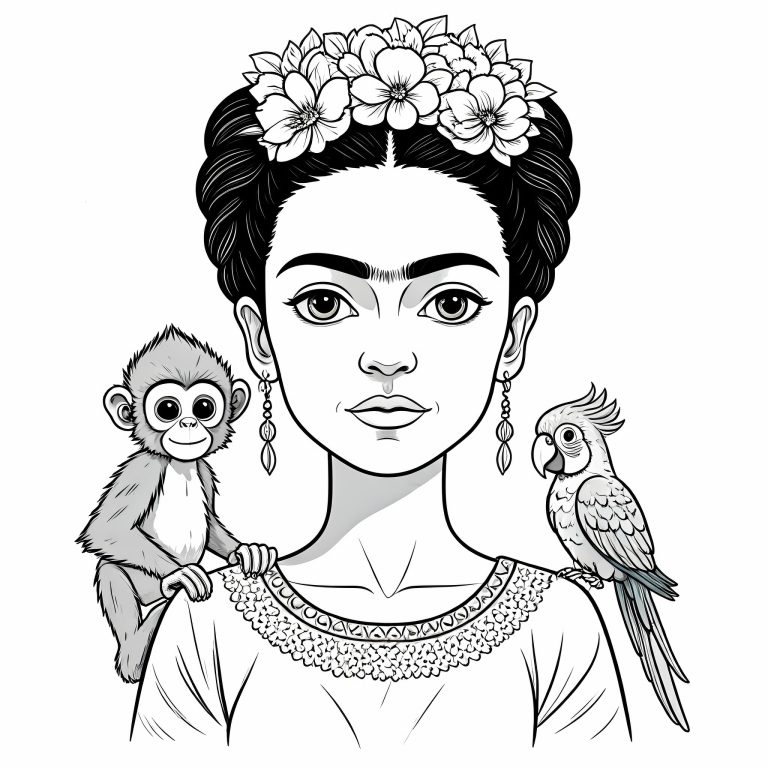Free Printable Frida Kahlo Coloring - Shutterstock 2512196413 768x768